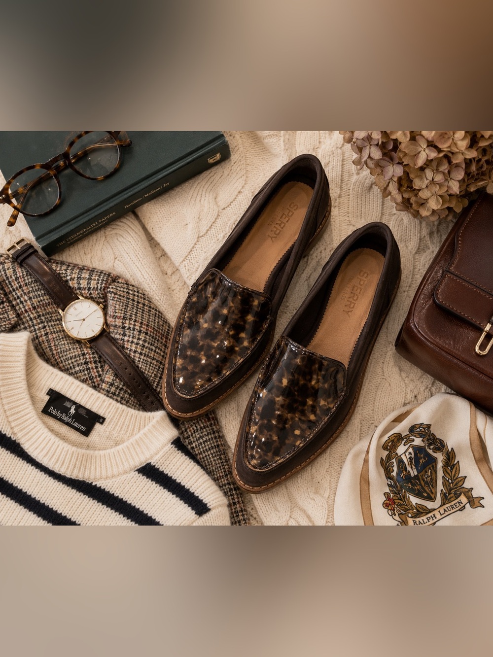 Sperry Seaport Tortoise Penny Loafers 9 Brown Patent Leather Preppy Flats